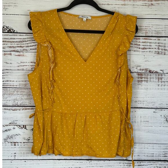 Womens MADEWELL Yellow Gold White Polka Dot Ruffle Cap Sleeve Tie Peplum Top L - Picture 2 of 7